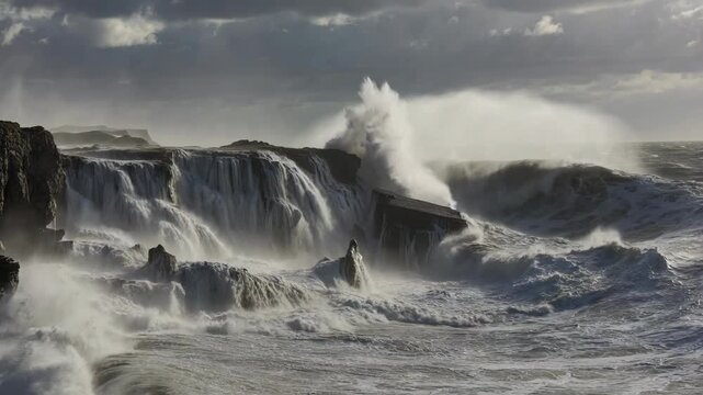 Strong waves crash on rocky shore during stormy weather in coastal area