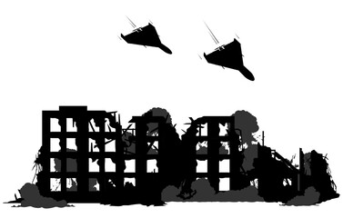 Obraz premium Vector silhouette of a diving kamikaze drone attacking a ruined city (isolated on white). Loitering munition air strike on destroyed buildings, smoke, rubble. Modern urban warfare, aerial bombardment