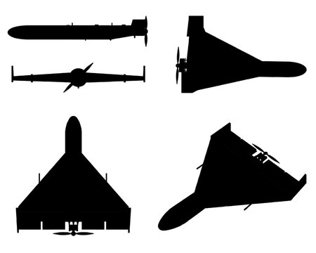 Military kamikaze drone silhouette set. Black loitering munition vector icons from different angles isolated on white background. UAV, unmanned aerial vehicle shapes for war and aviation design.