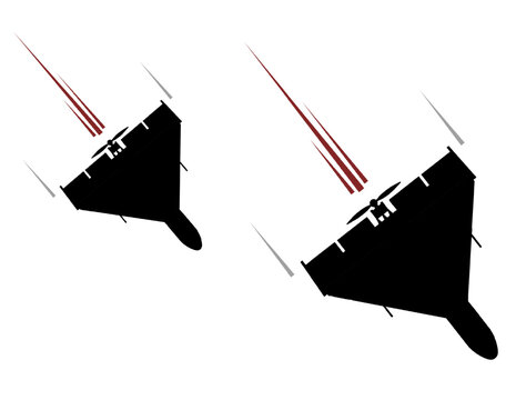 Kamikaze drone attack silhouette. Black military loitering munition vector shapes diving with speed lines. Unmanned aerial vehicle combat icons isolated on transparent background for war design.