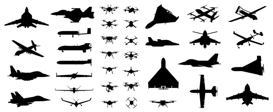 Set of silhouettes of UAV (drones), fighter jets, and military aircraft viewed from multiple angles, showcasing air force strength and unmanned aerial vehicle design variations. Transparent background