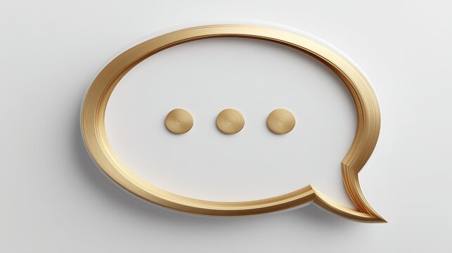 Gold speech bubble symbol with three dots representing message, rich communication, social media reply, luxury chat, or dialogue on white background