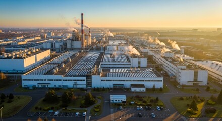 Obraz premium Industrial complex aerial view with factories and smokestacks under a golden sky