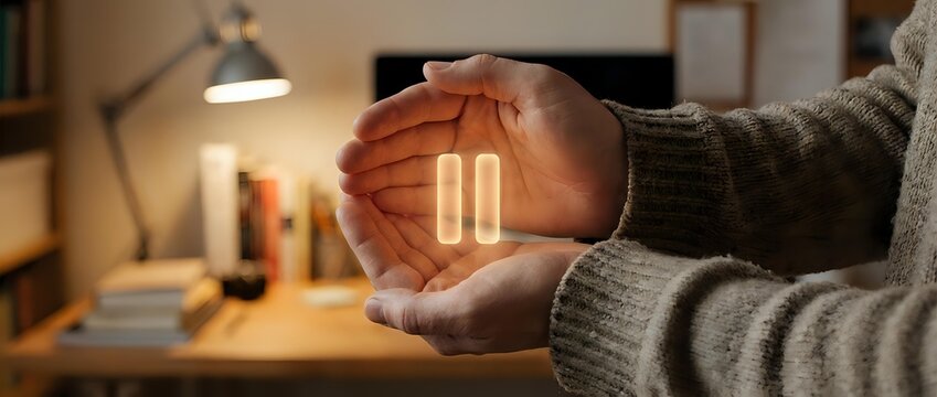 Hands holding glowing pause button symbol in cozy home office environment representing work-life balance and mindful productivity concepts.