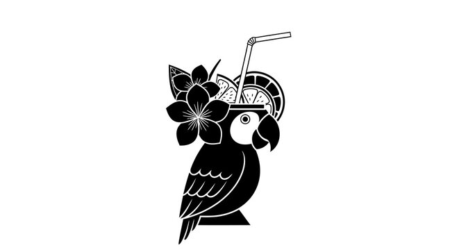 Tropical parrot silhouette with exotic fruit and floral cocktail