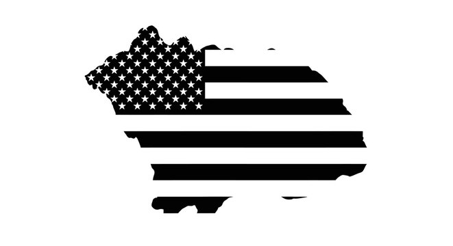 Map of russia with american flag overlay in black and white silhouette