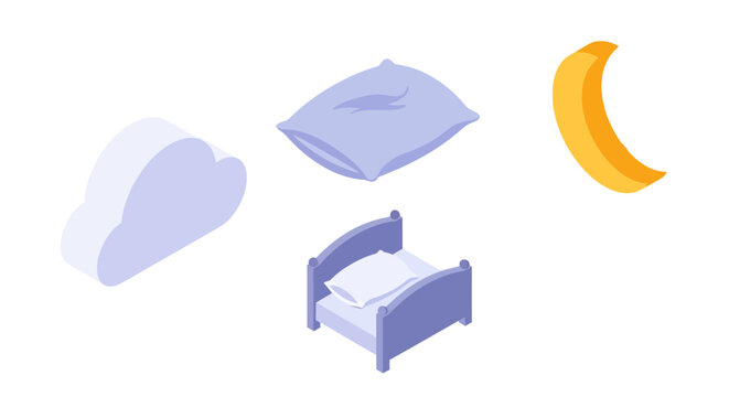 Dreamy nighttime icons: moon cloud pillow and bed in isometric style