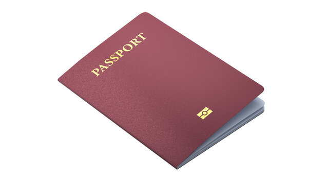 Blank red passport with biometric chip symbol on isolated white background. Generic passport template mockup with no text minimal design. Realistic 3D rendering