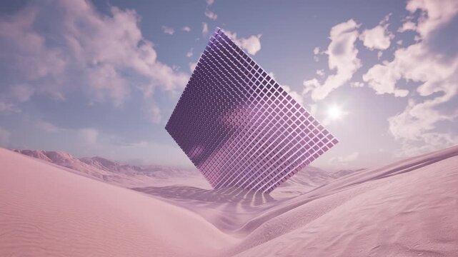 3d render landscape, cubes Reflective cube amid pastel sand dunes. Dreamlike landscape featuring glowing modular geometric forms. Futuristic environment with floating color cube and textured sandy