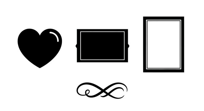 Minimalist black shapes with heart frame and swirl on white background