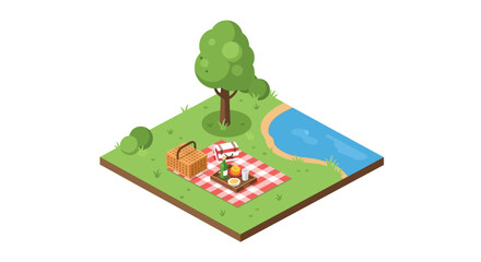 Fototapeta premium Charming isometric park picnic with blanket and basket by a stream