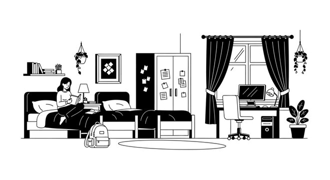 Cozy dorm room with modern furniture and study area in monochrome