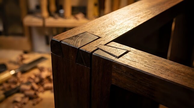 Traditional wooden joinery detail showing mortise and tenon connection in craftsman workshop with hand tools and lumber storage in background.