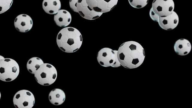 Falling soccer balls on transparent background, seamless sports loop