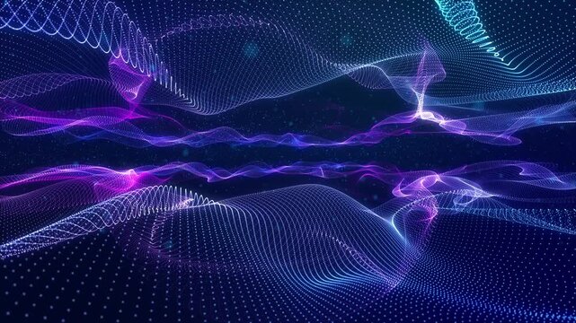 3d render VJ loop. Bright wave patterns roam freely. Dynamic digital landscape with vibrant violet and cyan flows. Immersive three dimensional loop featuring luminous data streams and cosmic grid