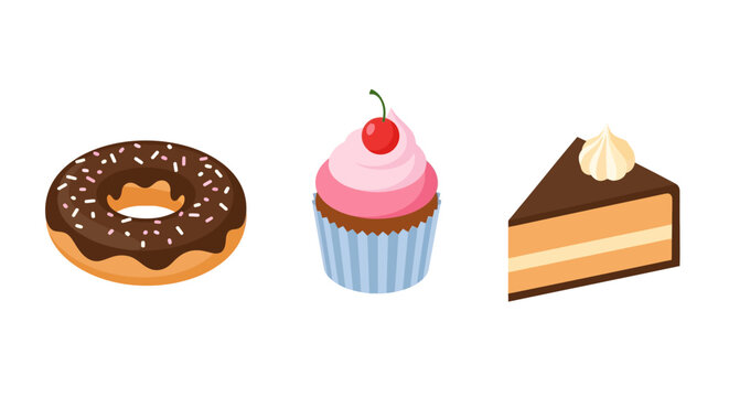 Colorful isometric desserts: donut cupcake and chocolate cake with