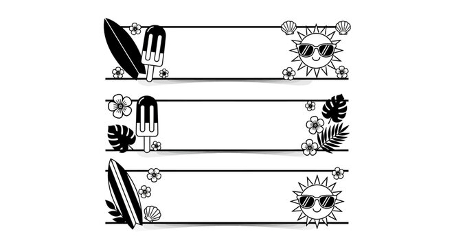 Summer-themed banners: sun surfboard ice cream tropical silhouettes