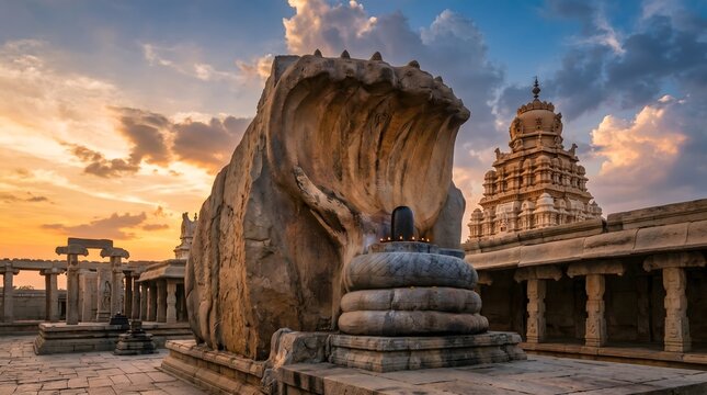 The Lepakshi Temple in Andhra Pradesh, India, at sunset with its iconic hanging pillar and monolithic Nandi statue.