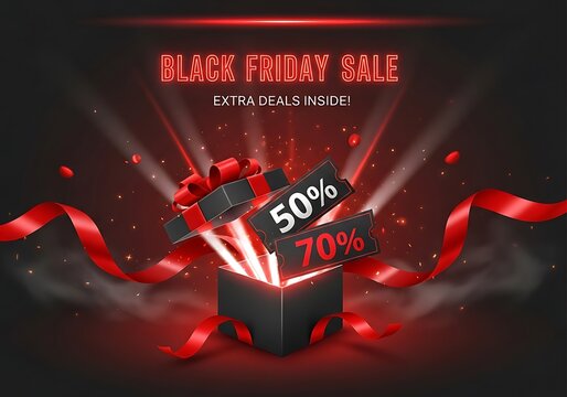 Black friday sale with exploding gift box and discount tags discount surprise celebration shopping