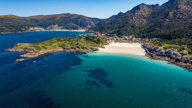 Aerial view of O Pindo village and Monte Pindo, Galicia, Spain.