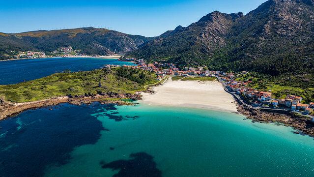 Aerial view of O Pindo village and Monte Pindo, Galicia, Spain.