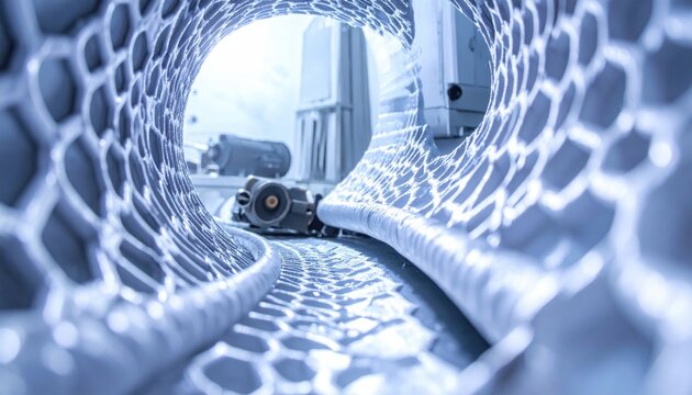 Intricate superconducting pathways emitting soft light within a technological tunnel, showcasing advanced energy transmission.