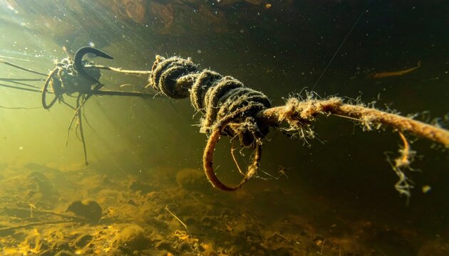 Close-up underwater view of a thick, weathered fishing rope with a tangled hook submerged in murky water