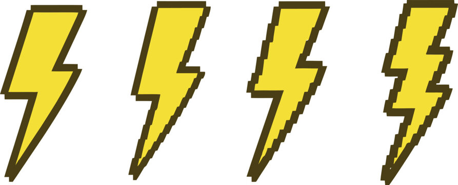 Four pixel art lightning bolt vector graphic illustrations on white background