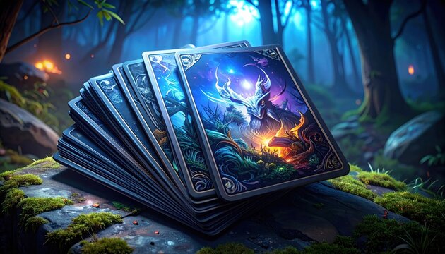 Stack of fantasy game cards featuring dragon illustrations, set in an enchanted forest