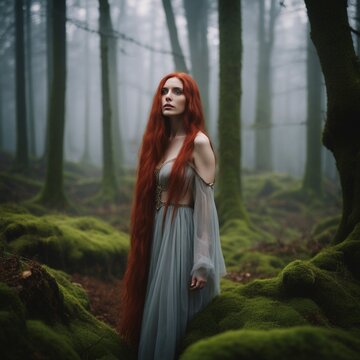 woman with red hair in the forest