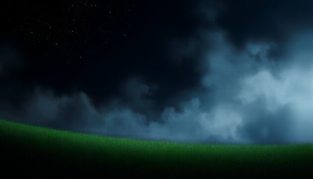 A dark and ominous night sky with clouds rolling in over a green grassy hill under a starry sky with a sense of foreboding atmosphere
