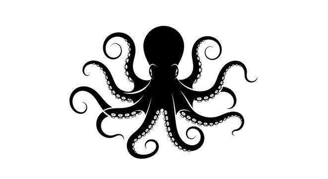 Elegant octopus silhouette with curled tentacles on white background