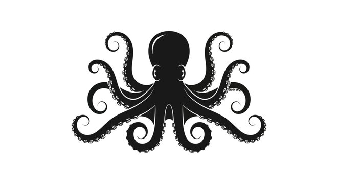Elegant octopus silhouette with curled tentacles on white background