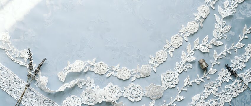 White lace trim and ribbons with floral patterns arranged on soft blue fabric background for wedding, crafts and sewing projects.