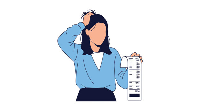 Woman Pulling Hair While Checking Receipt Totals Vector Illustration