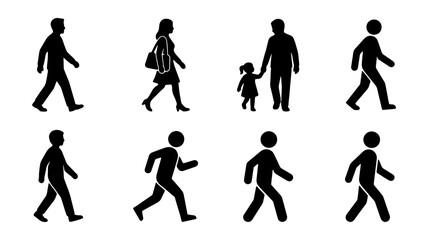 Obraz premium Walking people silhouettes, black pedestrian icons set, 8 human figures in motion vector