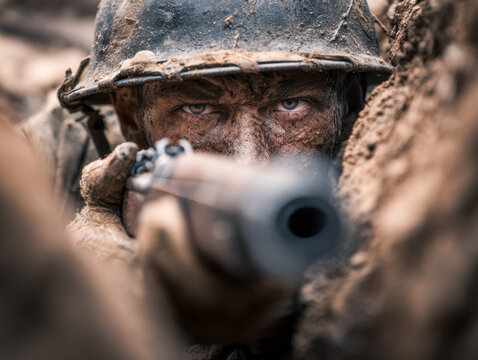 Intense soldier covered in mud aiming a rifle while lying in a trench during combat training or battlefield scenario captured in dramatic close-up