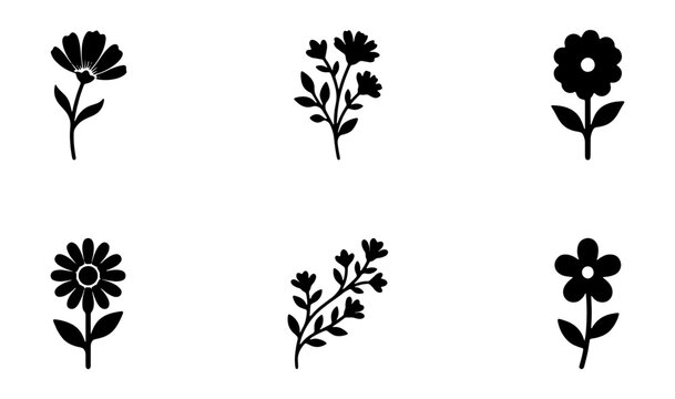 Minimalist flower icon set, black floral silhouettes, 6 botanical vector elements
