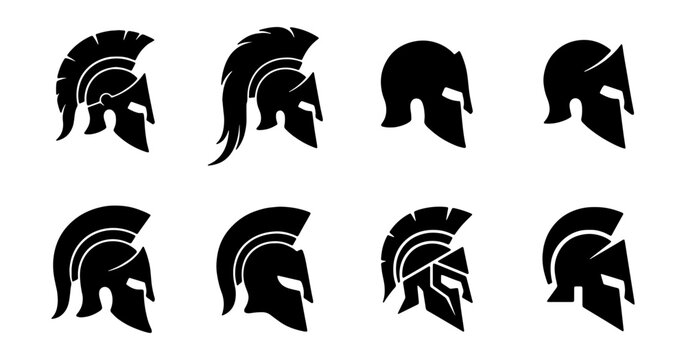 Spartan helmet silhouette set, 8 ancient Greek warrior icons, gladiator head vector