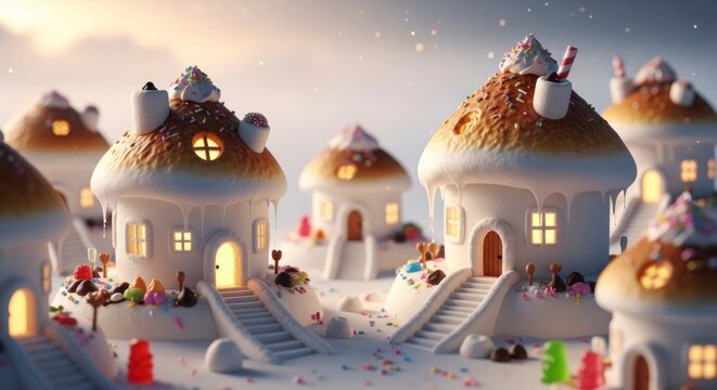 Fantasy townscape featuring whimsical mushroom shaped houses with snow covered roofs