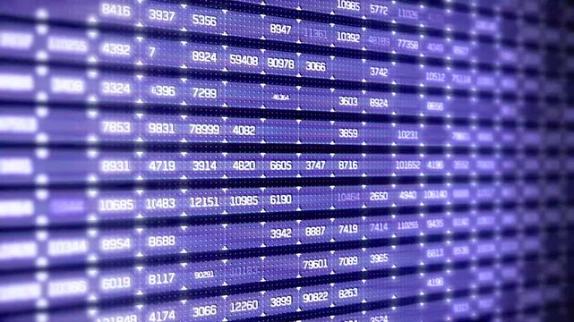 Dynamic stock market data ticker with rising and falling numbers representing global economy, fintech, and digital currency analytics.
