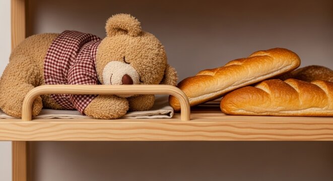 Teddy bear resting near bread loaves on wooden shelf still life