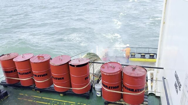ship's garbage station for collection and separation different types of garbage. ship crew incinerate garbage at sea for reduce quantity and protect environment