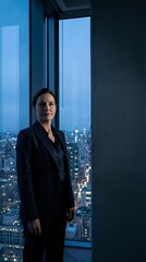 Fototapeta premium Professional businesswoman in dark suit standing by floor-to-ceiling windows overlooking illuminated city skyline at dusk for corporate leadership concepts.