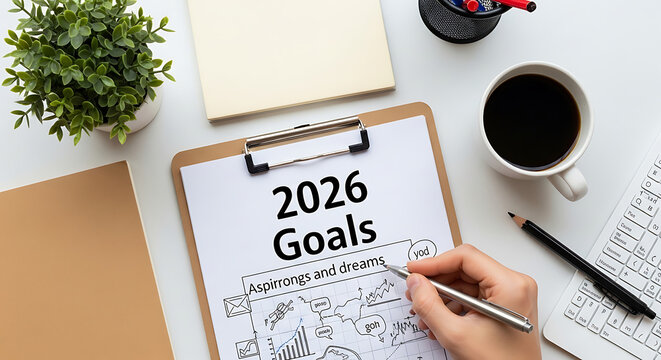 Planning 2026 goals on a clipboard with handwritten notes, coffee and plant, strategic planning and future success