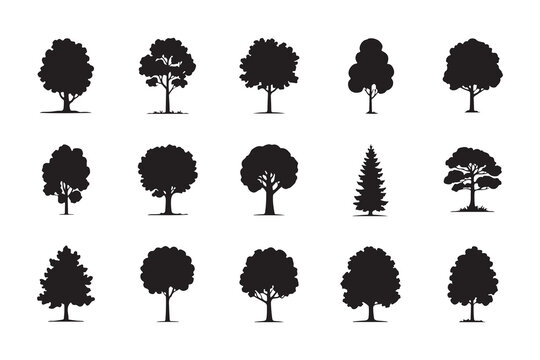 Minimalist Black Silhouettes of Various Tree Types