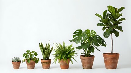 Fototapeta premium Collection of green houseplants in terracotta pots arranged by size on white surface, indoor gardening and home decor botanical display for plant lovers.