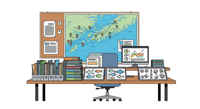 Office workspace with maps and files depicting marine and environmental research