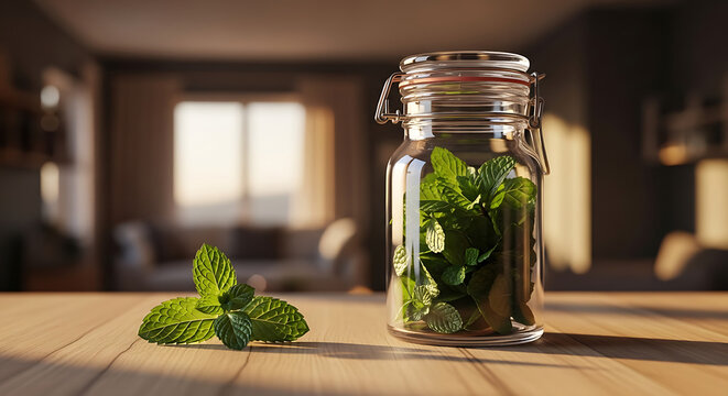 Fresh mint leaves in a glass jar with one sprig beside it on a wooden table, natural light