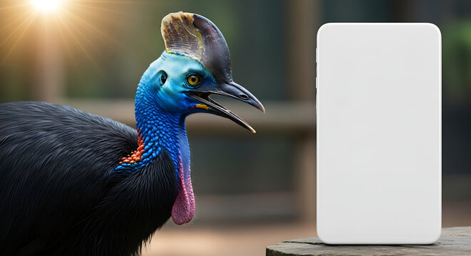 Exotic cassowary bird with vibrant blue neck and red wattle, standing outdoors with a blank white card, jungle background with sun flare